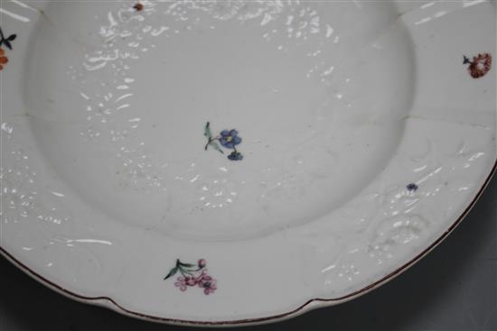 A pair of Chelsea Gotzkowsky type flower moulded dinner plates, c.1755, spur marks only, 24.5cm